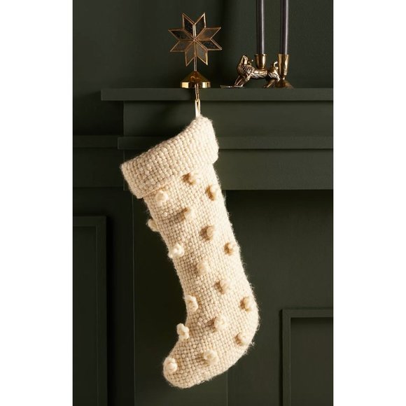 Anthropologie Chunky Knit Ivory Cozy Bobble Stocking - Holiday Christmas - Picture 1 of 3
